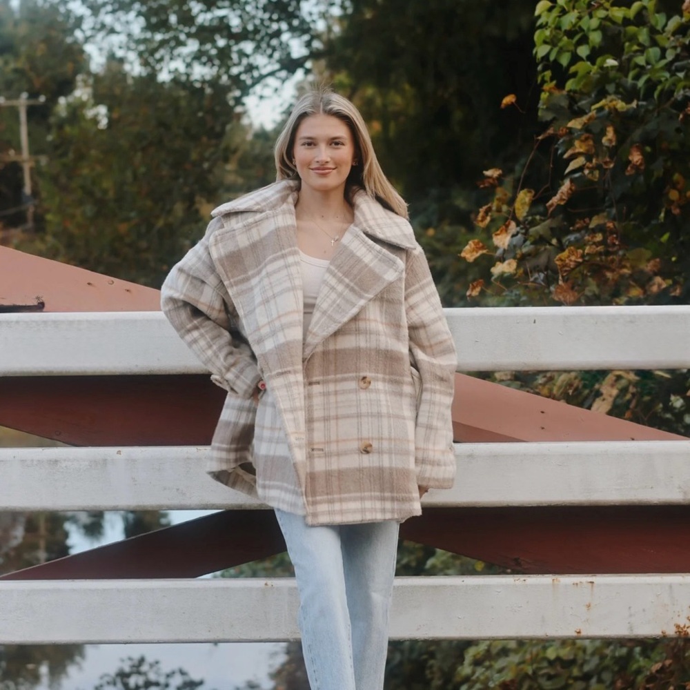Anthropologie Oversized Beige and Gray Plaid Pea Coat